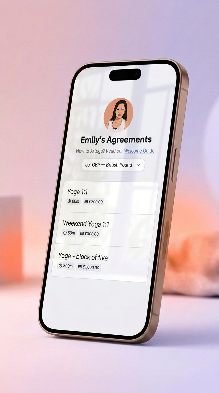 Artega booking and payment app showing Emily's Agreements